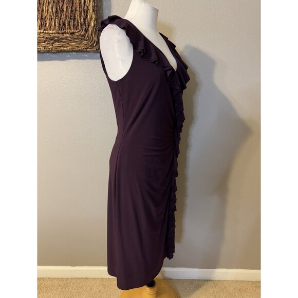 Ralph Lauren Dress 12 Dark Purple Stretch Sleeveless Ruffle V Neck Washable NEW - Picture 6 of 10
